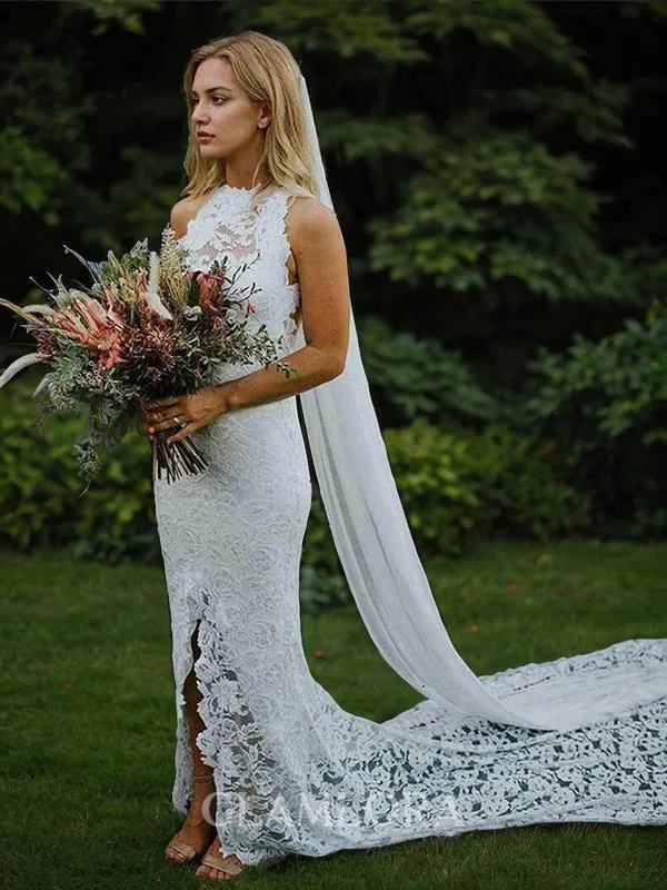 Sheath/Column Scoop Glam Sleeveless Court Train Lace Wedding Dress