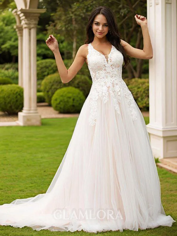 A-line V-Neck Timeless Sleeveless Court Train Tulle Wedding Dresses