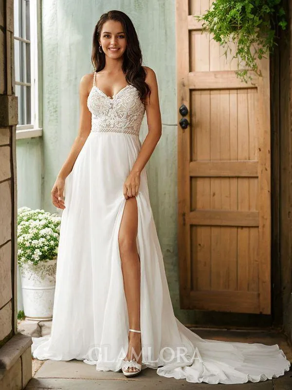 A-line V-Neck Classic Sleeveless Court Train Chiffon Wedding Dresses