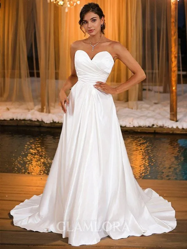 A-line Sweetheart Chic Sleeveless Sweep Train Satin Wedding Dresses