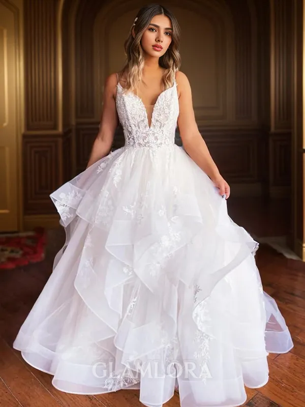 A-line V-Neck Tulle Enchanting Floor-Length Wedding Dress With Appliques Lace