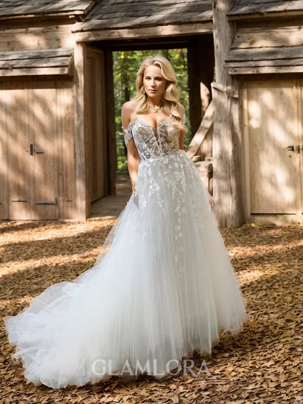 Trumpet/Mermaid Trendy Off-the-Shoulder  Tulle Court Train Corset Wedding Dress