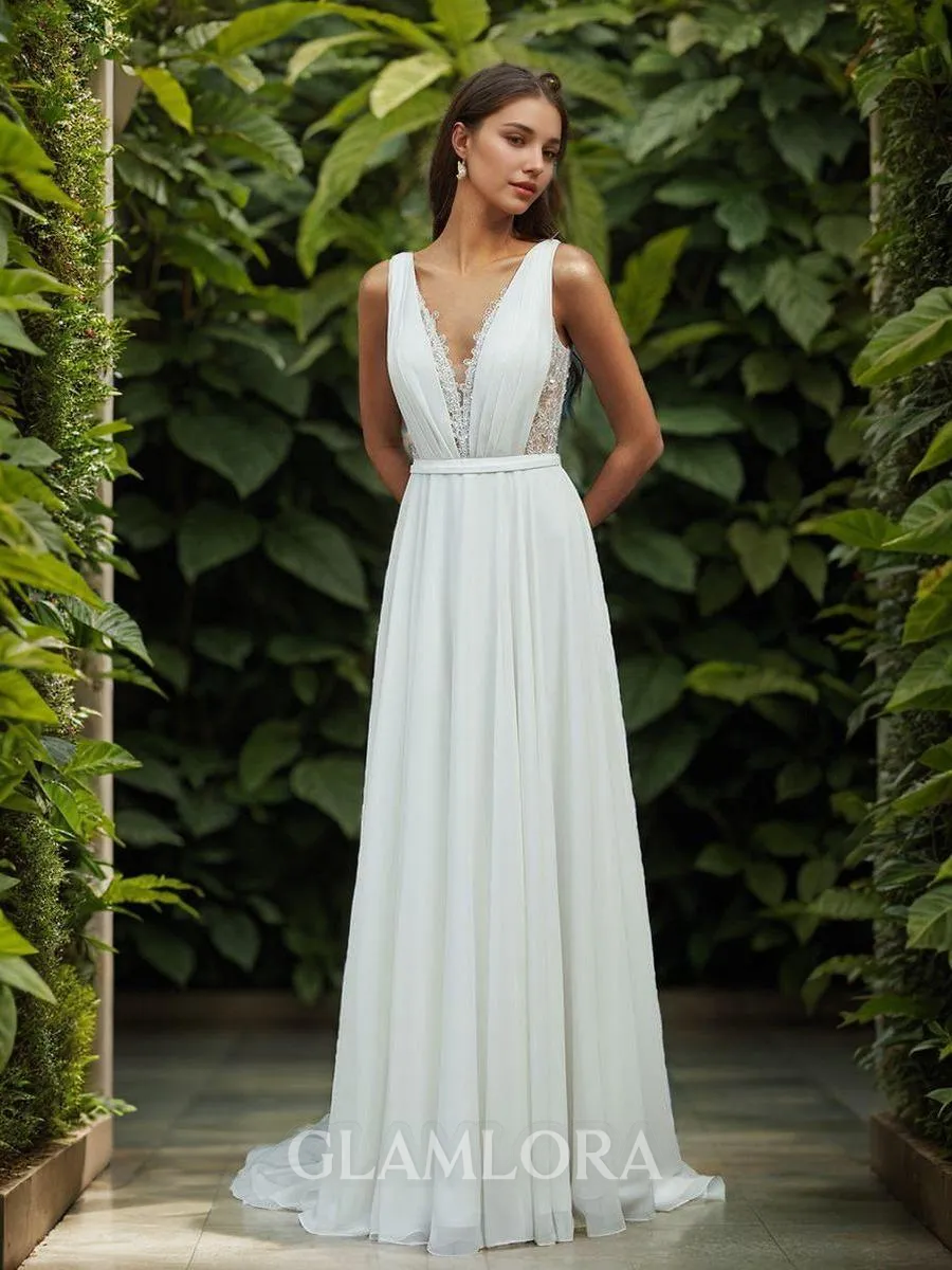 A-line Fashion V-neck Taffeta Sweep Train Wedding Dress With Appliques Lace