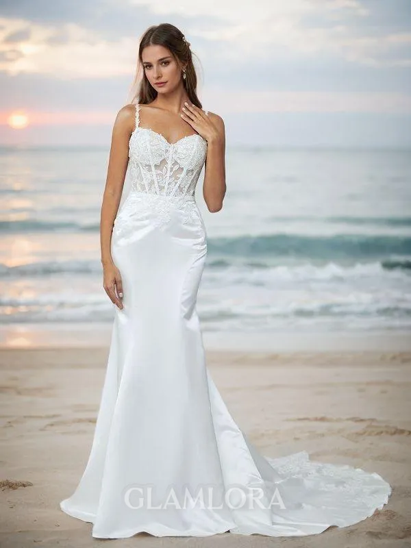 Fitted Trumpet/Mermaid Spaghetti Straps Satin Chapel Train Corset Wedding Dress With Appliques Lace