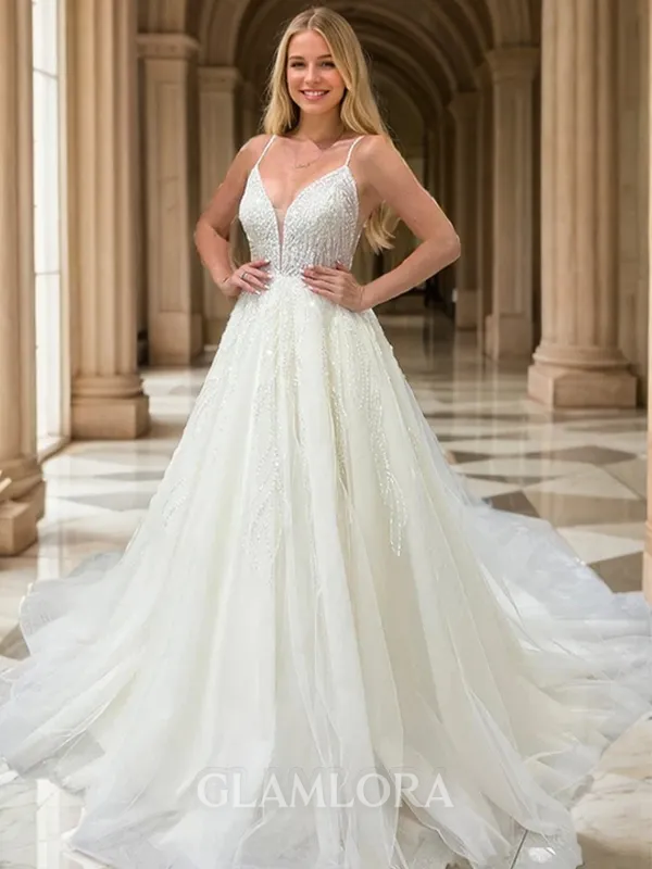 Splendid A-line V-neck Cathedral Train Tulle Wedding Dress