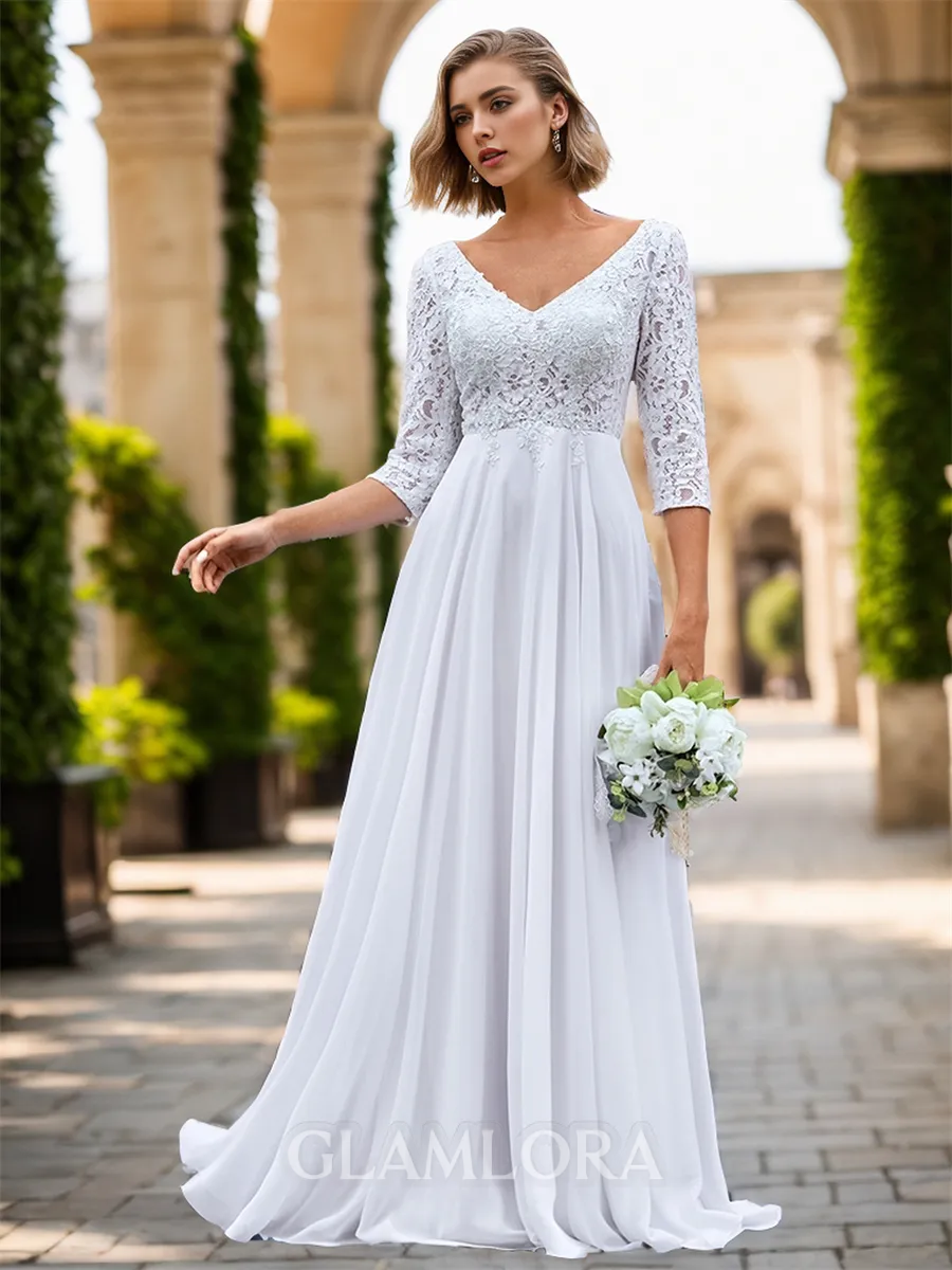 Modest A-line V-neck 3/4 Sleeves Floor-Length Chiffon Wedding Dress With Appliques Lace