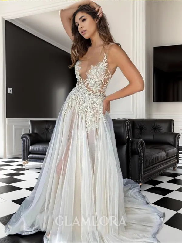 Charming A-line Court Train Tulle Wedding Dress With Appliques Lace