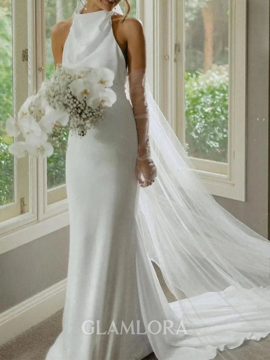 Charming Sheath Halter Court Train Satin Chiffon Wedding Dress