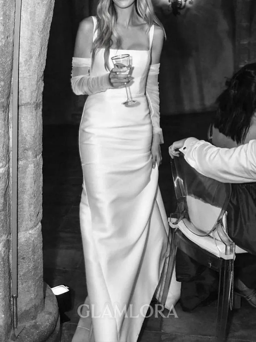 Elegant Sheath Straps Sweep Train Satin Corset Wedding Dress