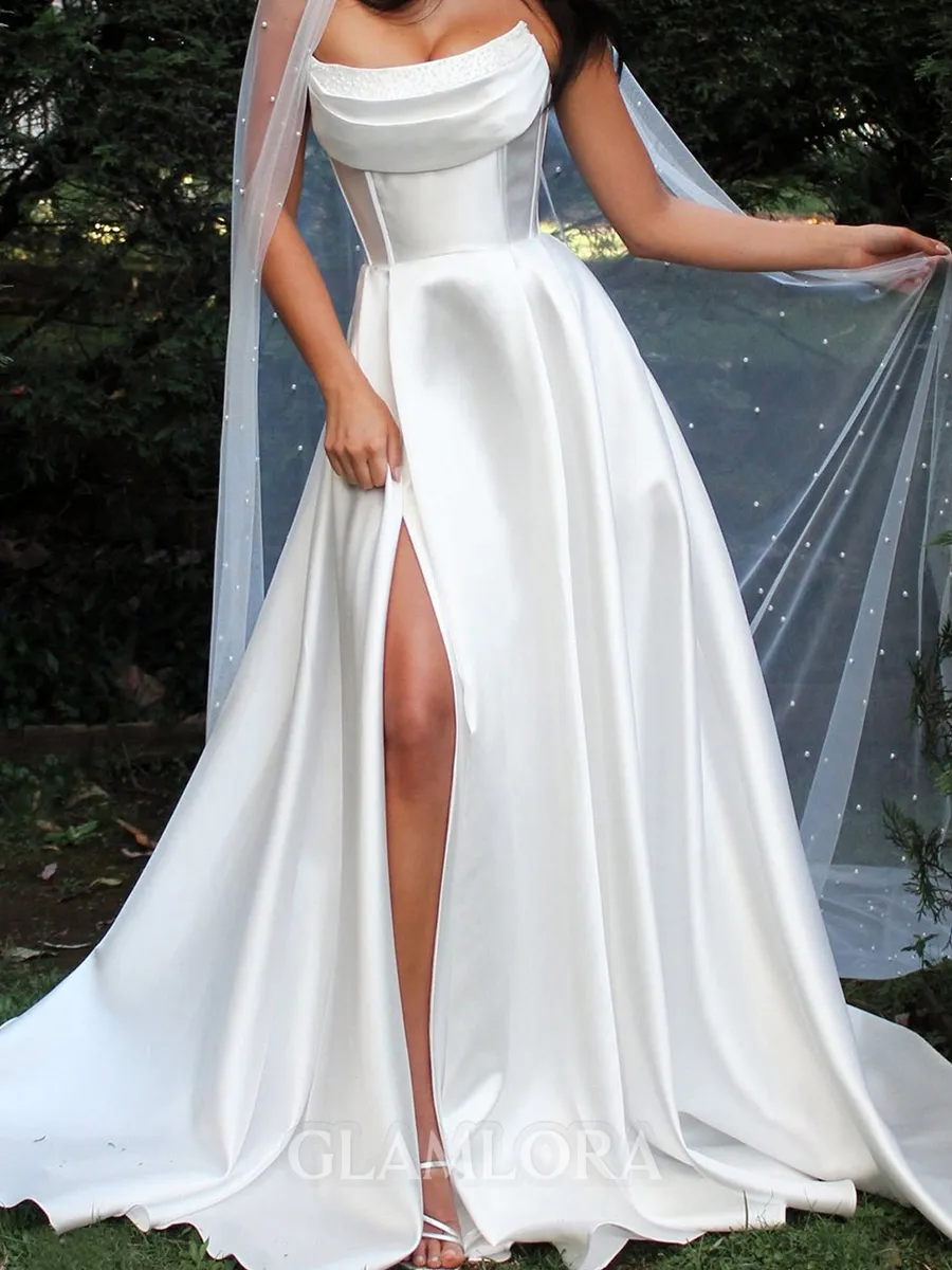 Opulent A-Line Straight Pleated Court Train Satin Corset Wedding Dress