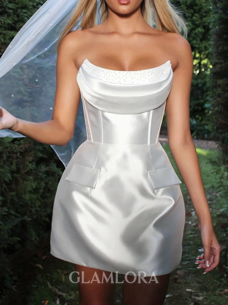 Exquisite Sheath Straight Pleated Short/Mini Satin Corset Wedding Dress