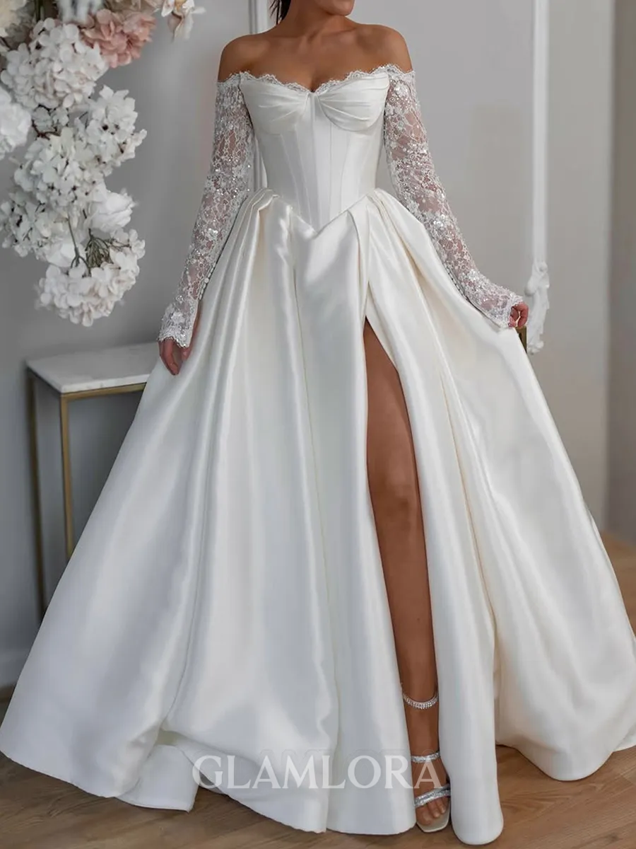 Stunning A-Line Off-the-Shoulder Long Sleeves Appliques Lace Floor-Length Satin Corset Wedding Dress