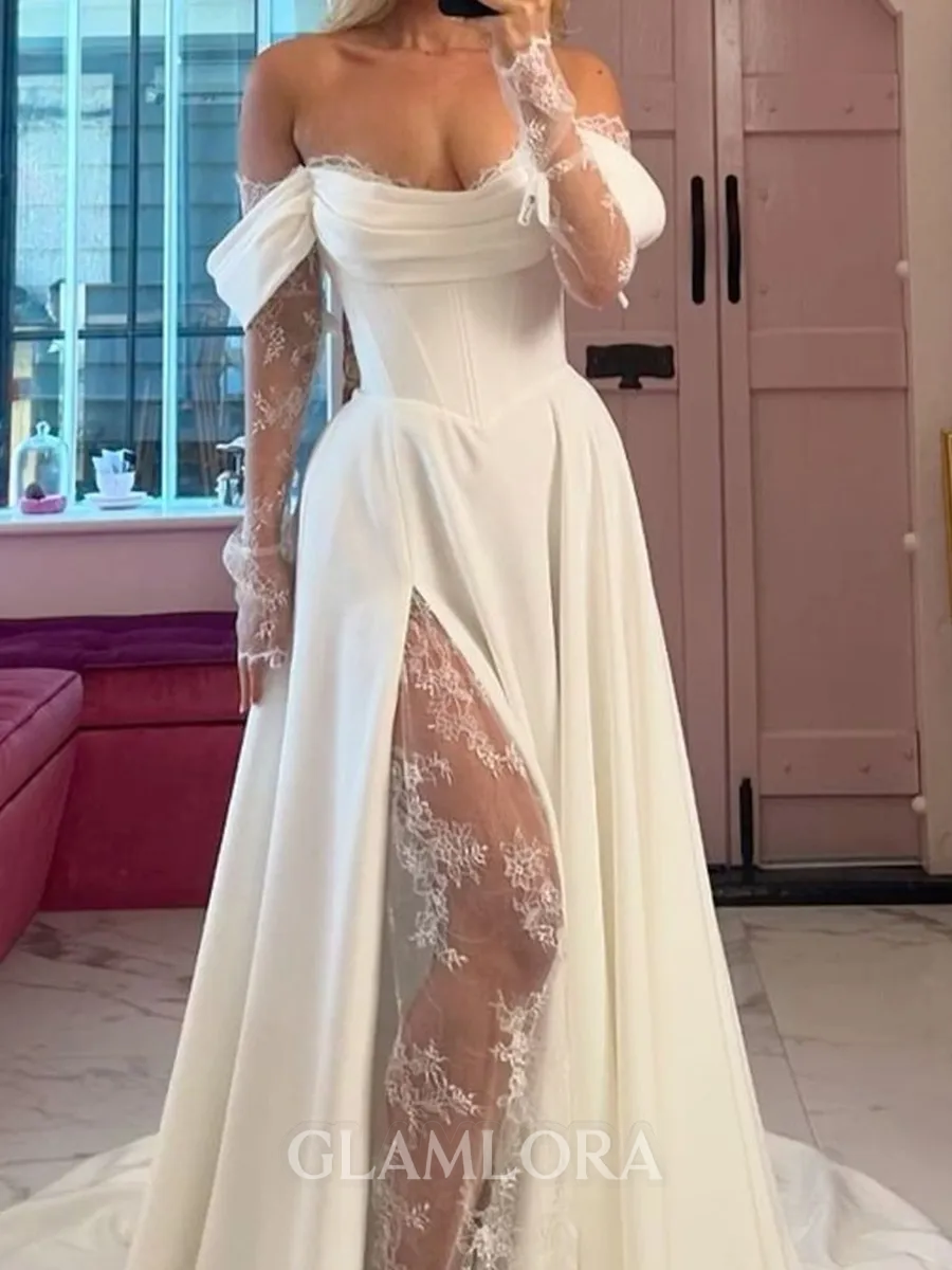 Splendid A-Line Off-the-Shoulder Long Sleeves Appliques Lace Chapel Train Stretch Crepe Corset Wedding Dress