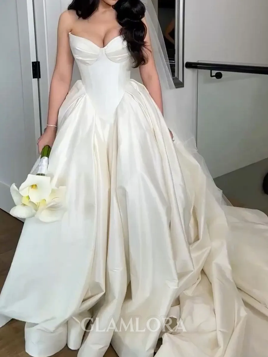 Graceful A-Line Sweetheart Pleated Cathedral Train Satin Corset Wedding Dress