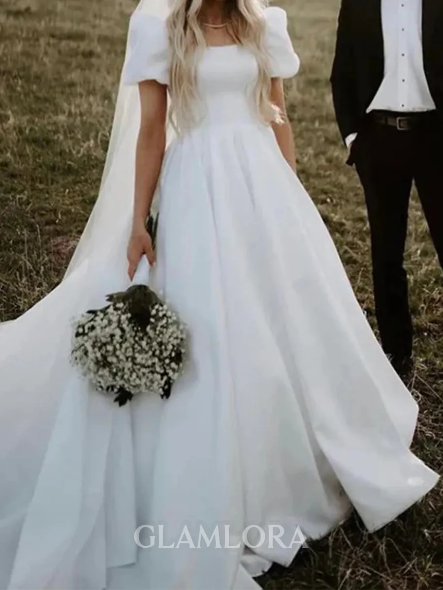 Trendy A-Line Square Short Sleeves Chapel Train Satin Corset Wedding Dress