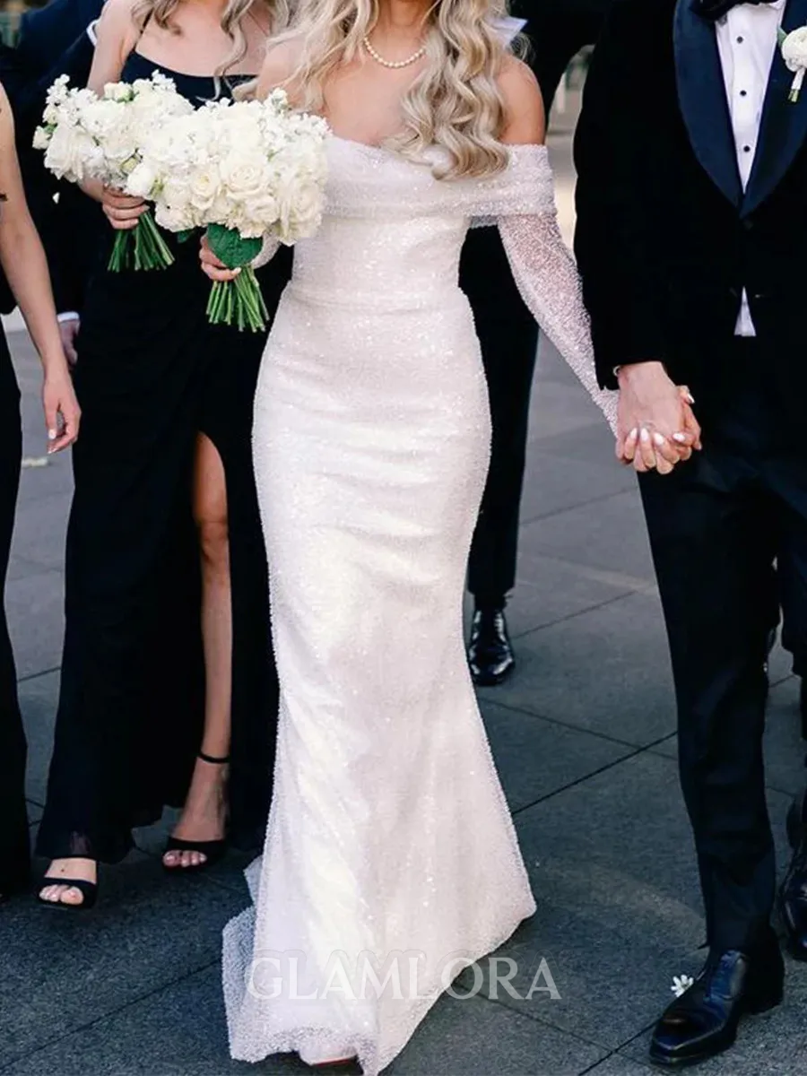 Fashion Sheath Off-the-Shoulder Long Sleeves Sequin Court Train Wedding Dress