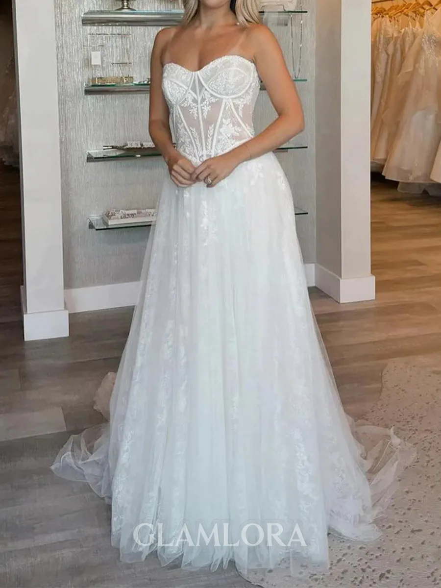 Unique A-Line Sweetheart Appliques Lace Sweep Train Tulle Corset Wedding Dress