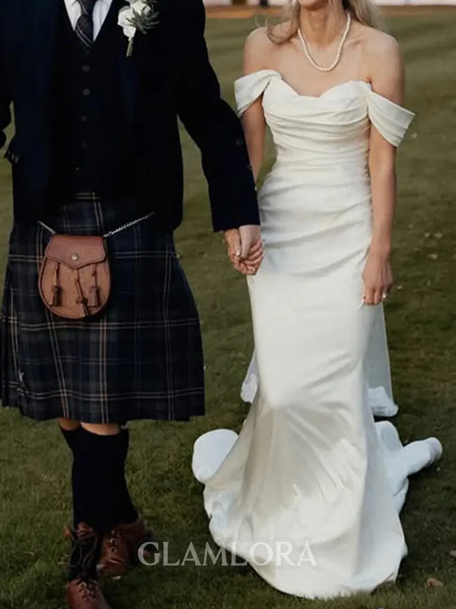 Pretty Sheath Off-the-Shoulder Pleated Chapel Train Silk Like Satin Corset Wedding Dress