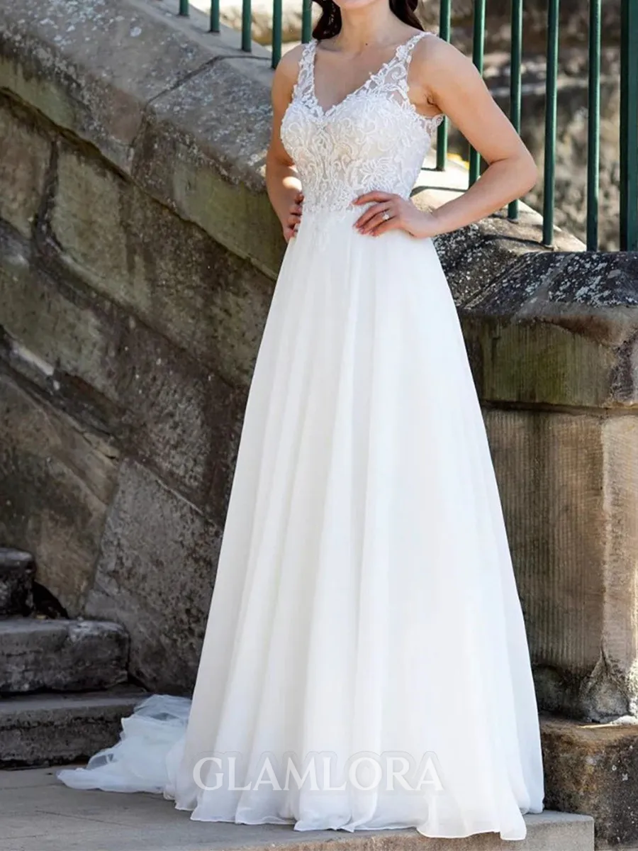 Hot A-Line V-Neck Appliques Lace Sweep Train Chiffon Wedding Dress