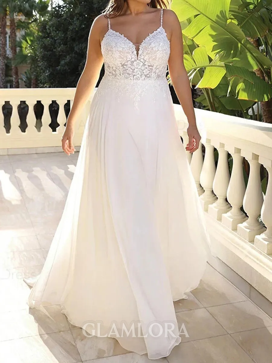 Glamorous A-Line Straps Appliques Lace Sweep Train Chiffon Corset Wedding Dress