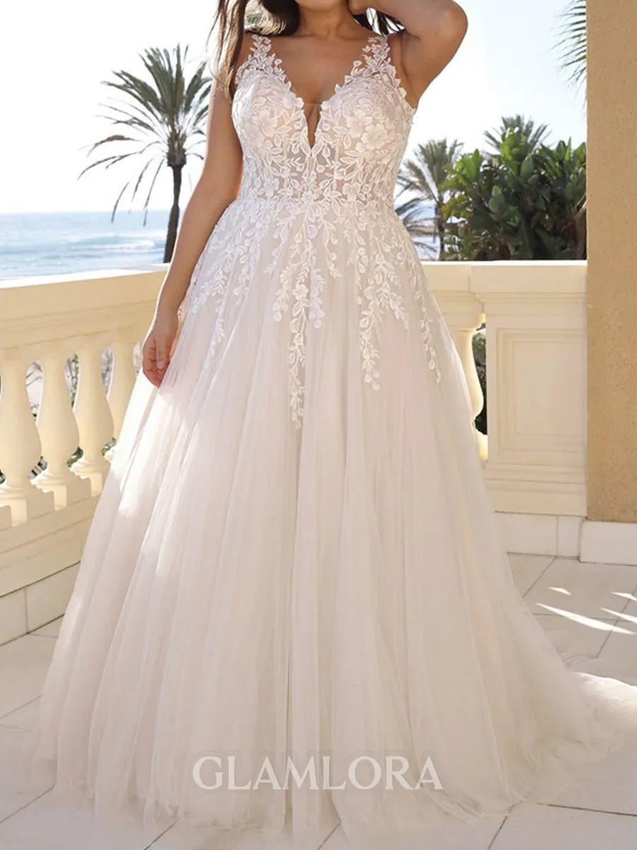 Splendid A-Line V-Neck Appliques Lace Sweep Train Tulle Corset Wedding Dress