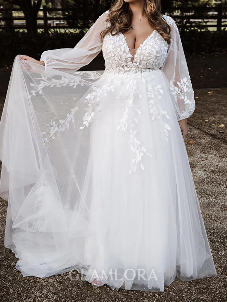 Breathtaking A-Line V-Neck Long Sleeves Appliques Lace Floor-Length Tulle Wedding Dress
