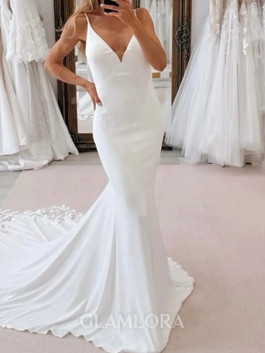 Striking Sheath Spaghetti Straps Appliques Lace Cathedral Train Charmeuse Wedding Dress