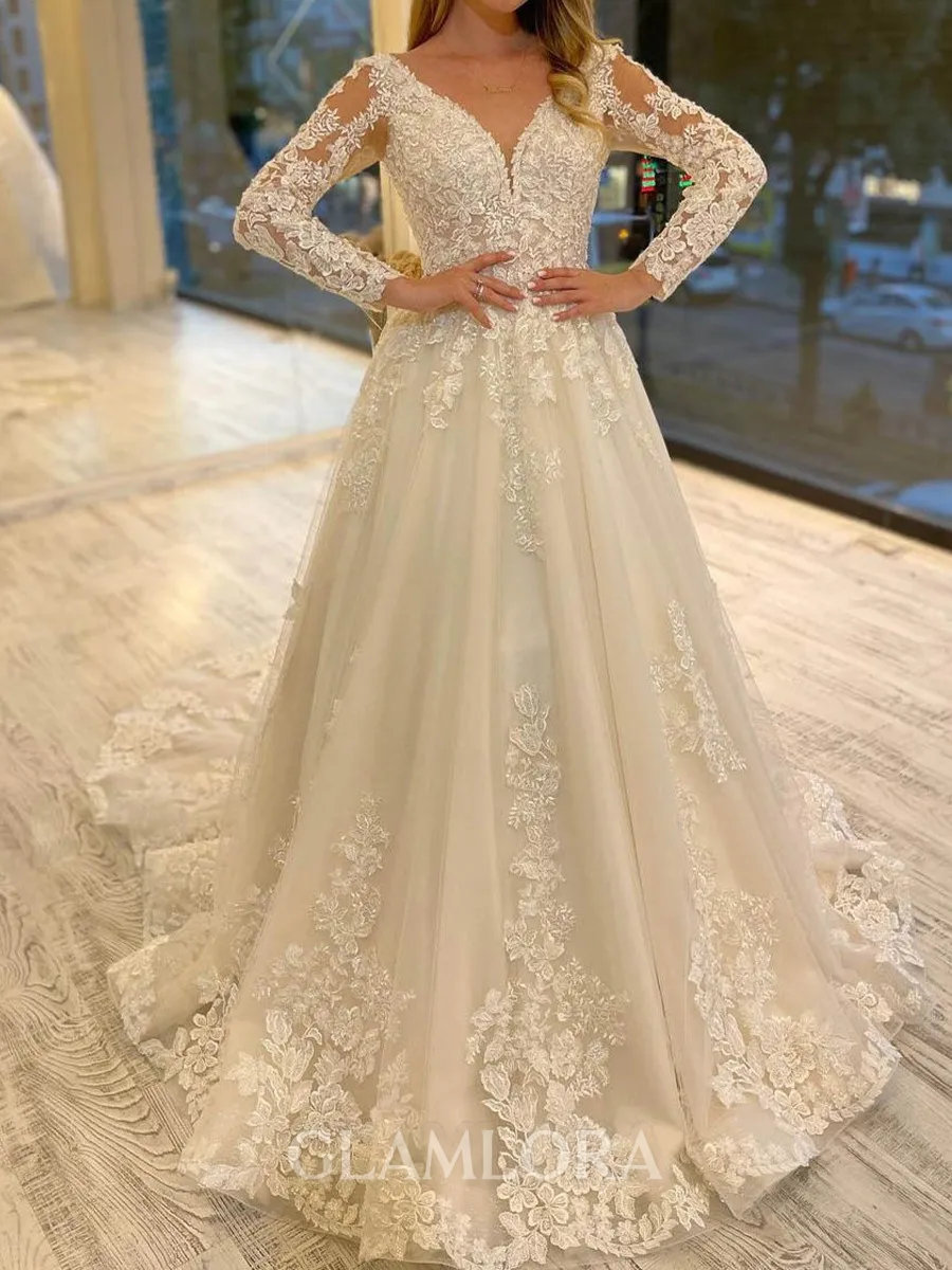Magnificent A-Line V-Neck Long Sleeves Appliques Lace Chapel Train Tulle Corset Wedding Dress