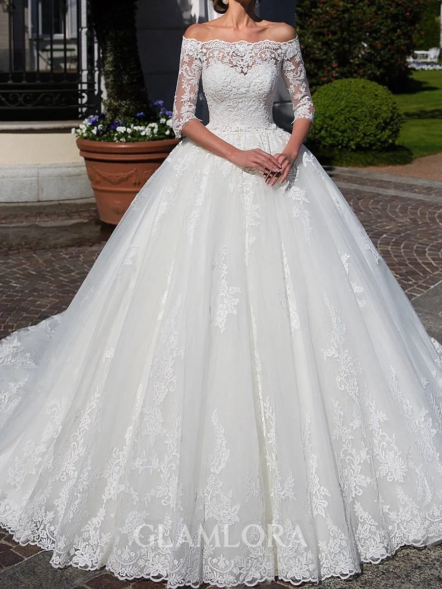 Splendiferous Ball-Gown Off-the-Shoulder 1/2 Sleeves Appliques Lace Chapel Train Tulle Corset Wedding Dress