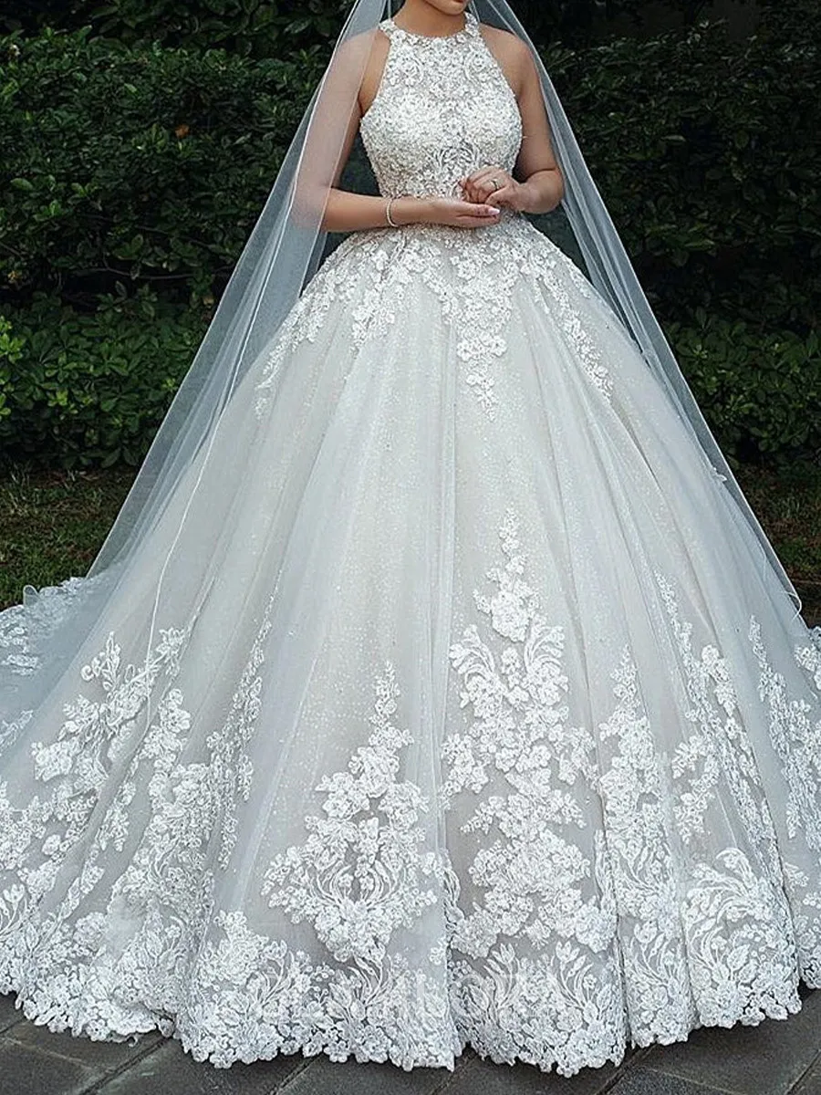 Perfect Ball-Gown Illusion Appliques Lace Cathedral Train Tulle Wedding Dress