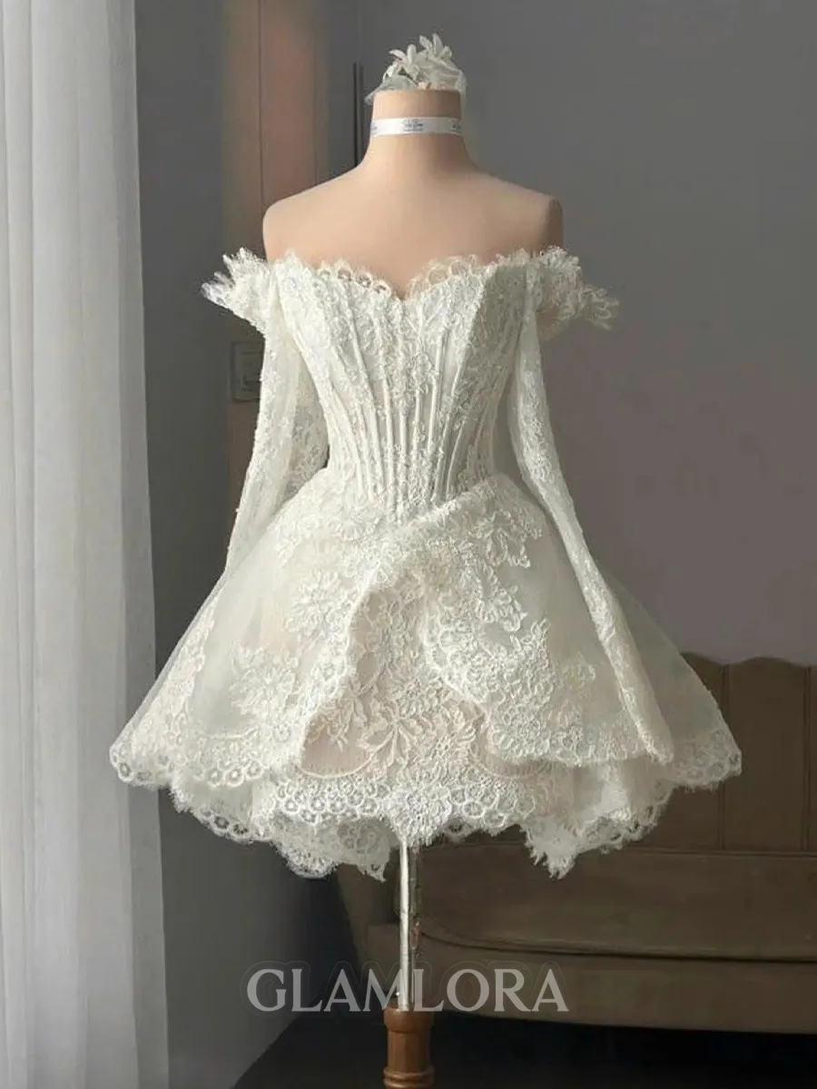 Hot A-Line Off-the-Shoulder Long Sleeves Appliques Lace Short/Mini Lace Corset Wedding Dress