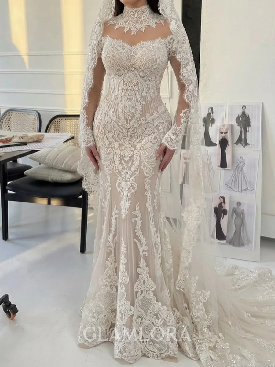 Delicate Sheath High Neck Long Sleeves Appliques Lace Sweep Train Lace Wedding Dress