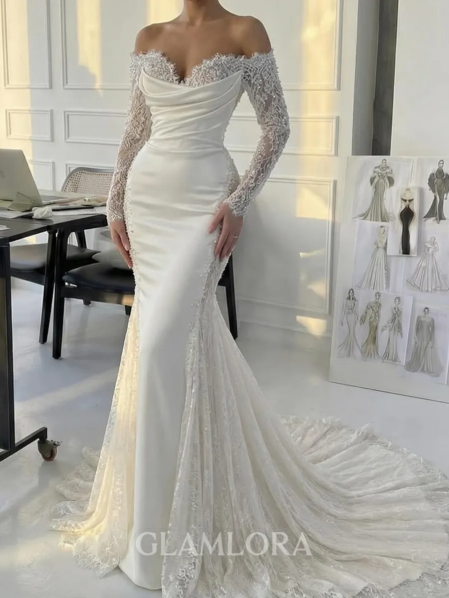 Elegant Mermaid Off-the-Shoulder Long Sleeves Beading Court Train Silk Like Satin Corset Wedding Dress
