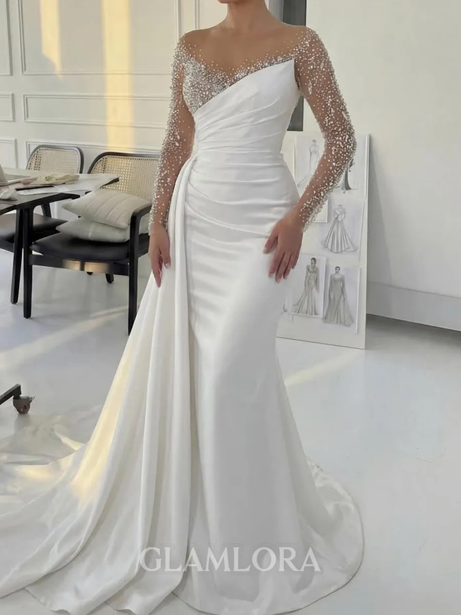 Opulent Sheath Illusion Long Sleeves Sequin Sweep Train Silk Like Satin Corset Wedding Dress