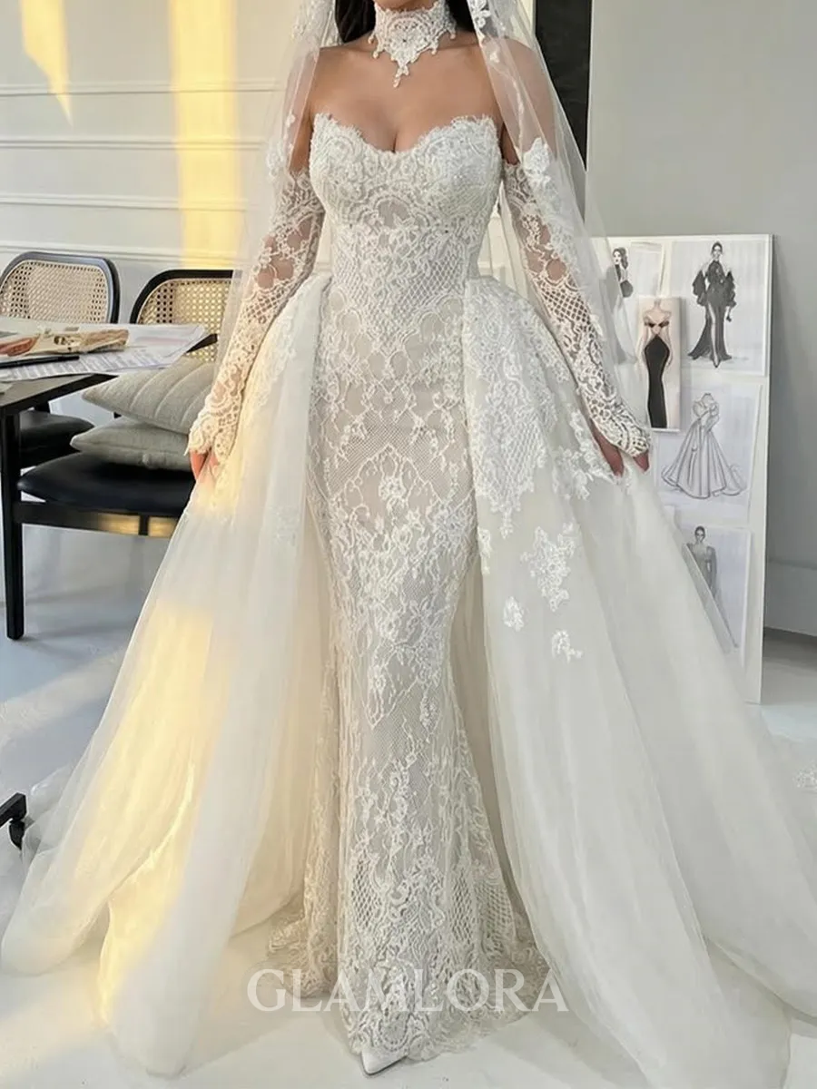 Exquisite Sheath Sweetheart Long Sleeves Appliques Lace Court Train Tulle Corset Wedding Dress