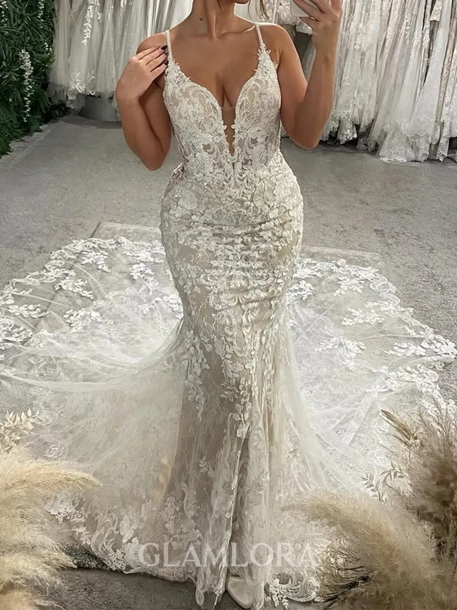Enchanting Mermaid Straps Appliques Lace Cathedral Train Tulle Wedding Dress