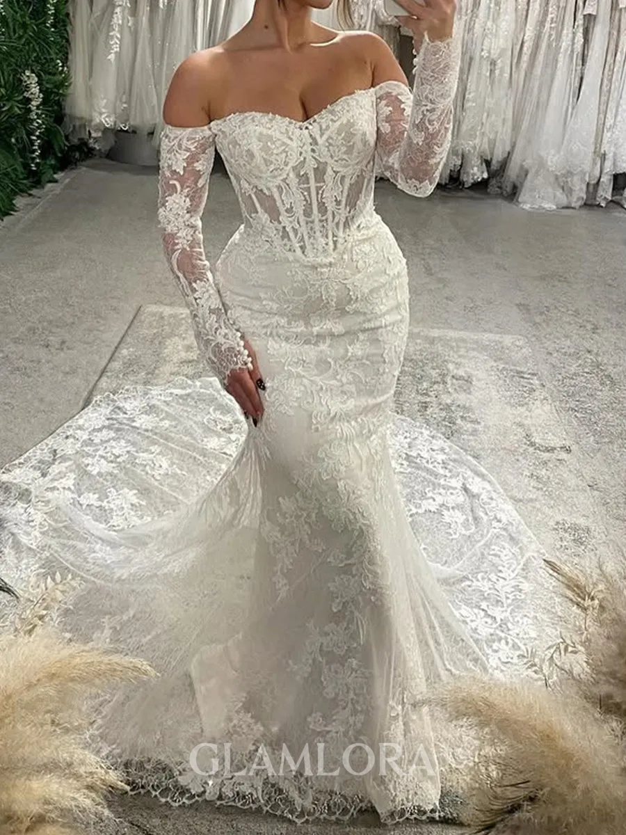 Gorgeous Mermaid Off-the-Shoulder Long Sleeves Appliques Lace Cathedral Train Tulle Corset Wedding Dress