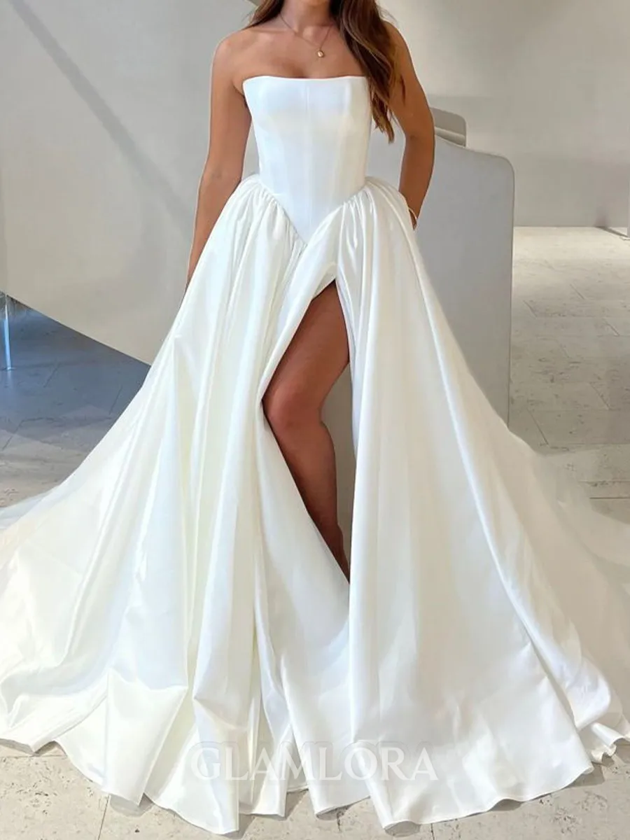 Show-stopping A-Line Straight Pleated Cathedral Train Satin Corset Wedding Dress