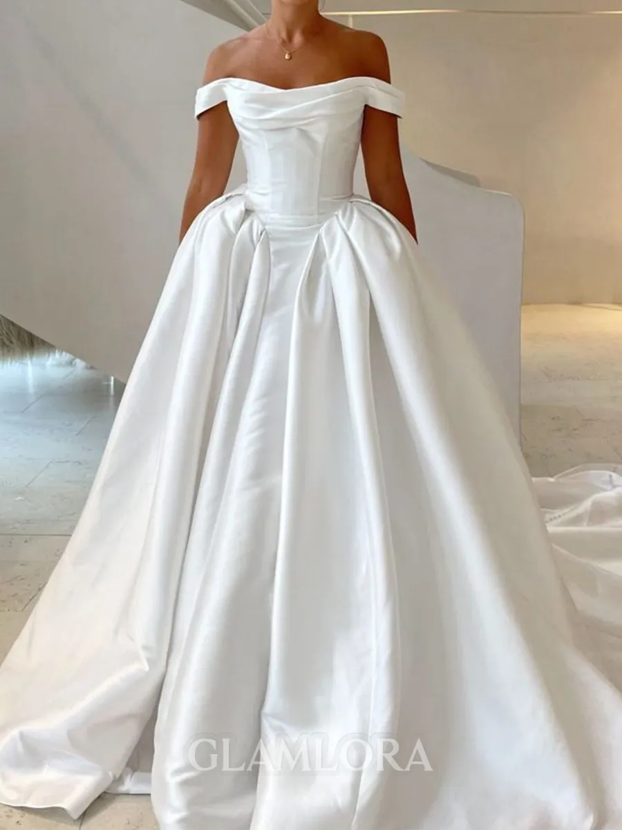 Striking A-Line Off-the-Shoulder Pleated Cathedral Train Satin Corset Wedding Dress