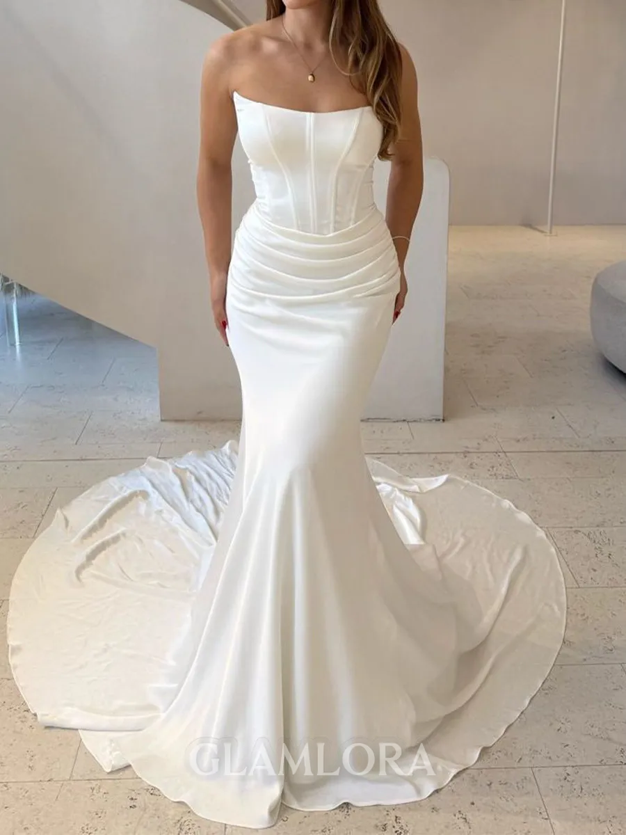 Splendiferous Sheath Straight Pleated Chapel Train Charmeuse Corset Wedding Dress