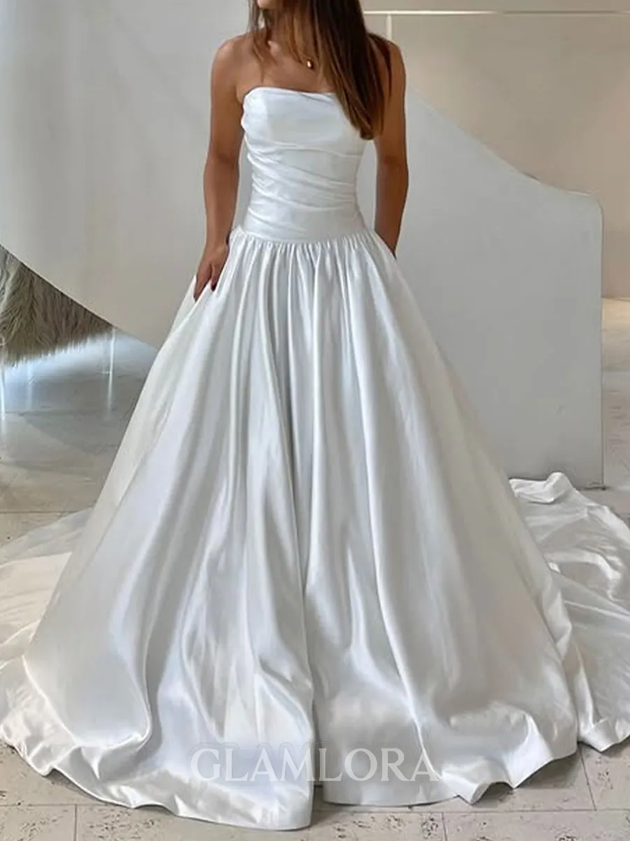 Extravagant A-Line Straight Pleated Cathedral Train Satin Corset Wedding Dress