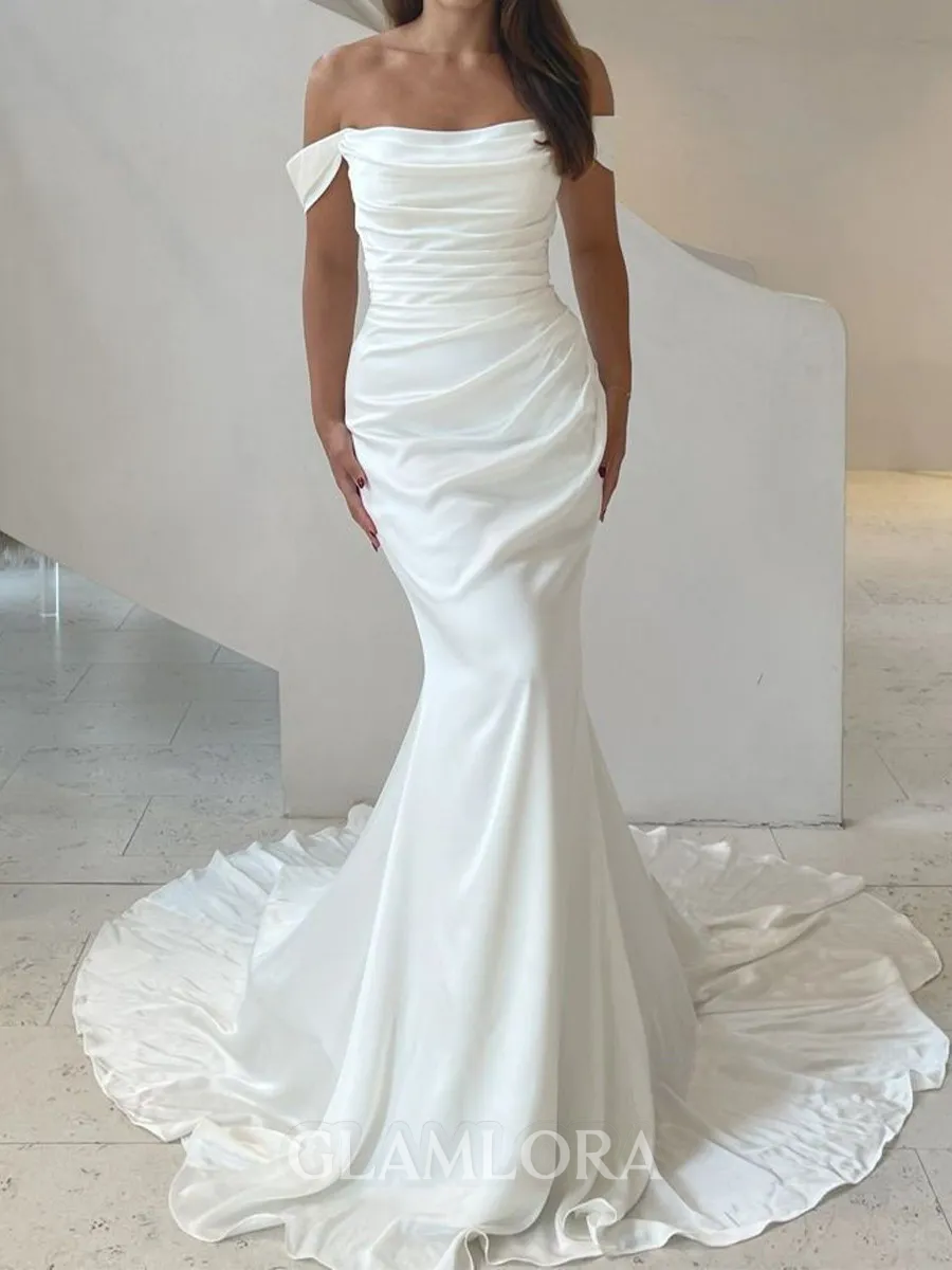 Fashion-forward Sheath Off-the-Shoulder Pleated Court Train Satin Chiffon Corset Wedding Dress