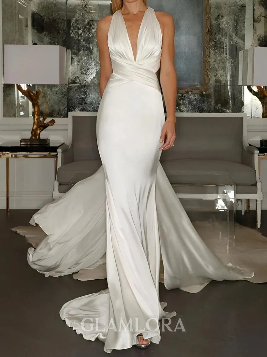 Classy Sheath V-Neck Pleated Court Train Silk Like Satin Wedding Dress