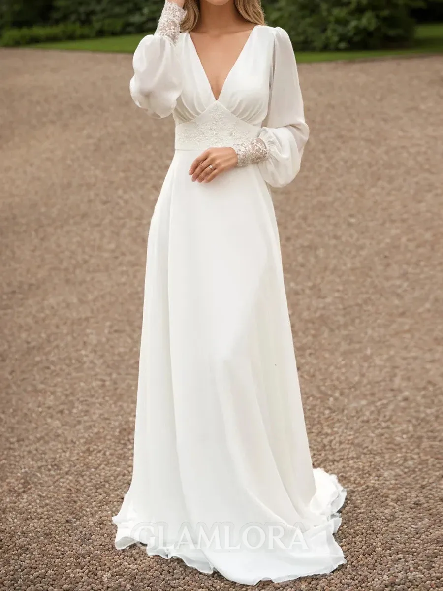 Hermosos A-Line V-Neck Long Sleeves Appliques Lace Floor-Length Chiffon Wedding Dress