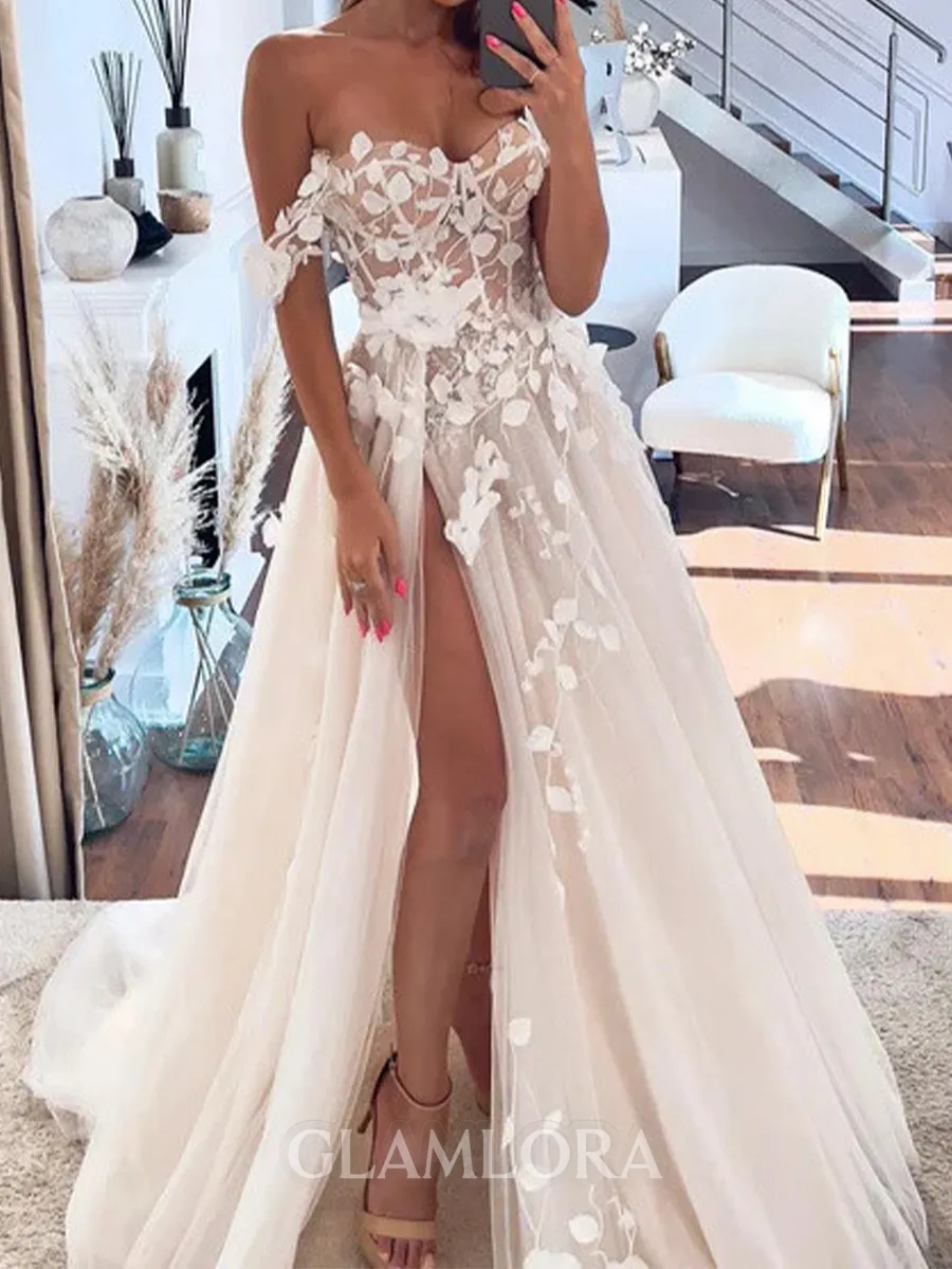 Mesmerizing A-Line Off-the-Shoulder Appliques Lace Chapel Train Tulle Corset Wedding Dress
