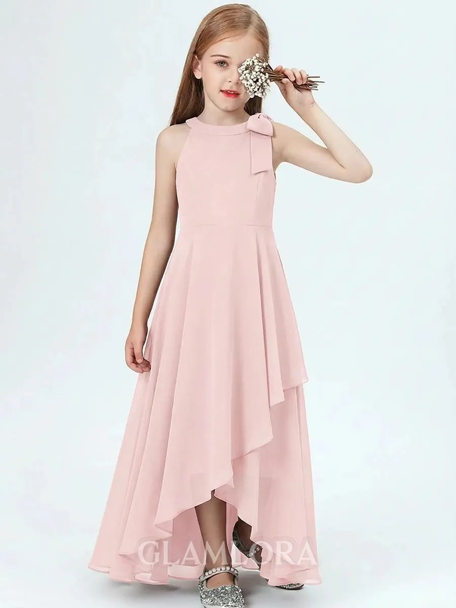 Sweet A-Line Scoop Bowknot Asymmetrical Chiffon Flower Girl Dress
