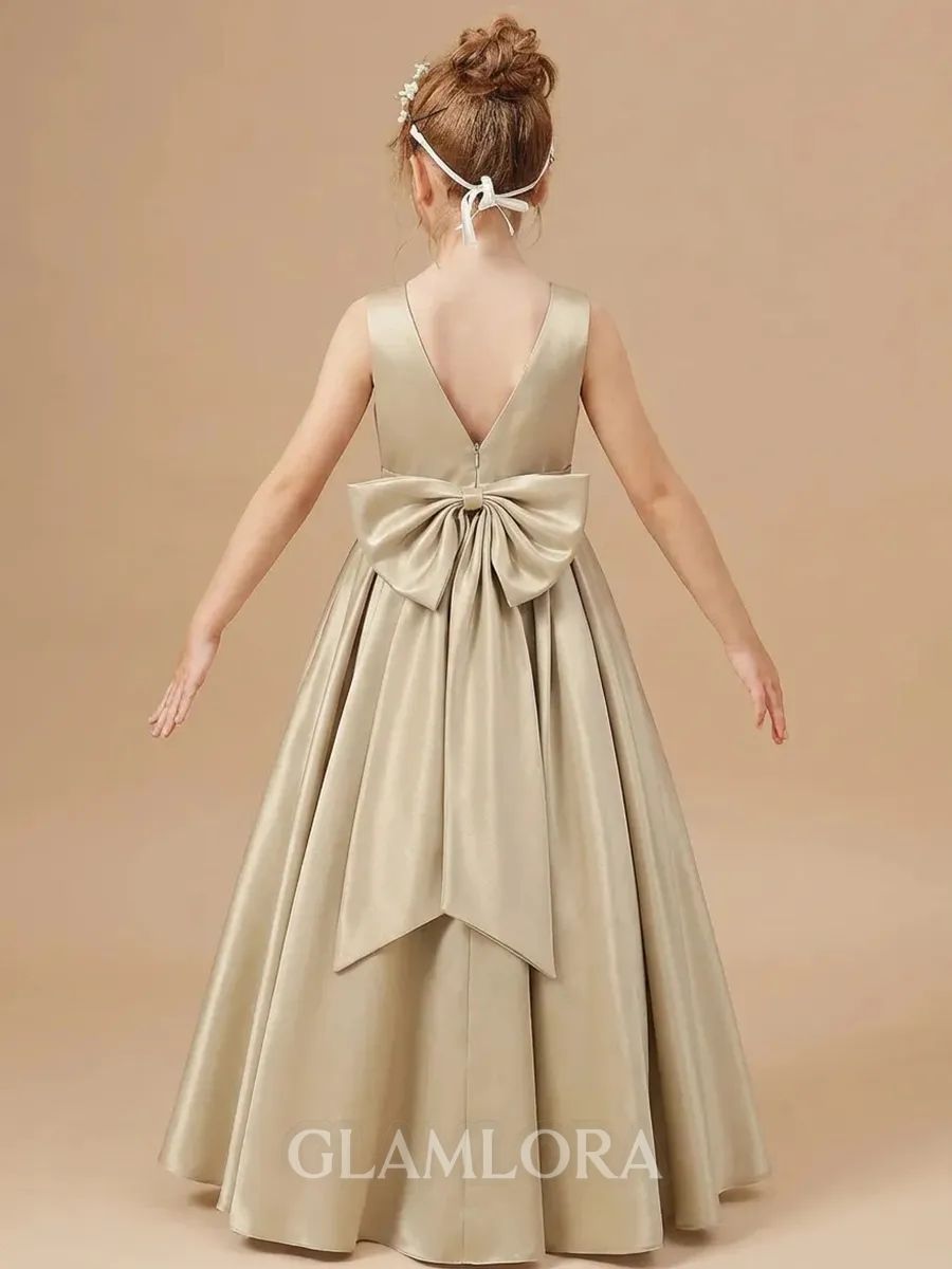 Angelic A-Line Scoop Bowknot Floor-Length Satin Flower Girl Dress