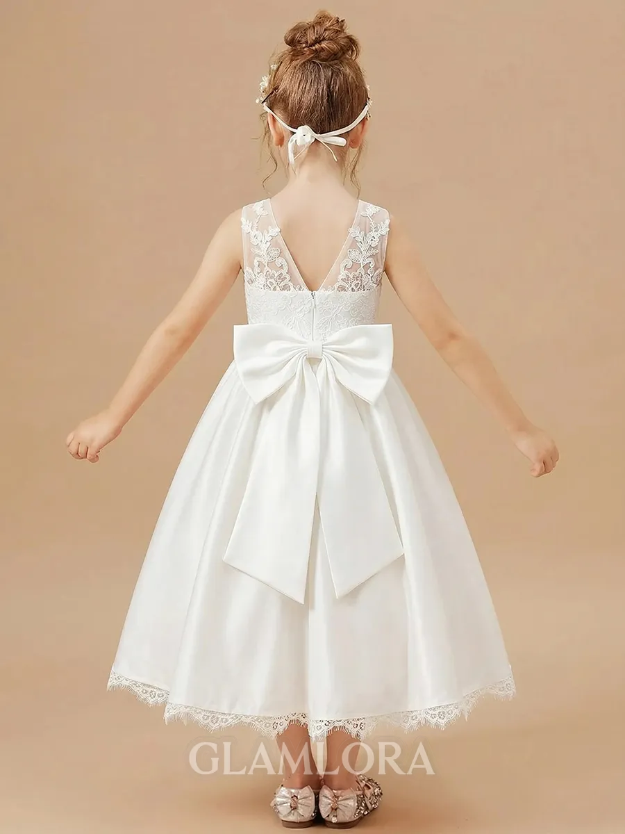 Dainty A-Line Scoop Lace Ankle-Length Satin Flower Girl Dress