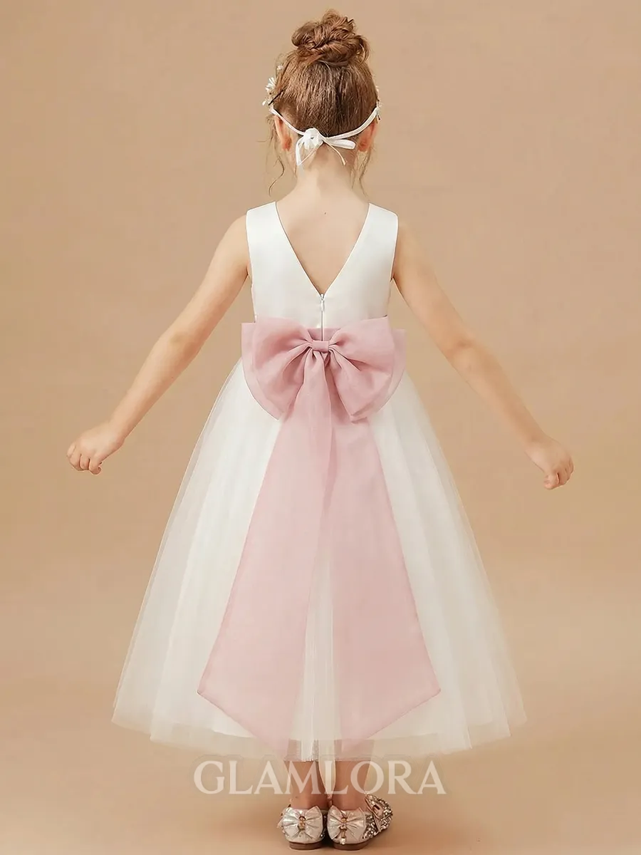 Fairy-tale A-Line Scoop Bowknot Ankle-Length Tulle Flower Girl Dress