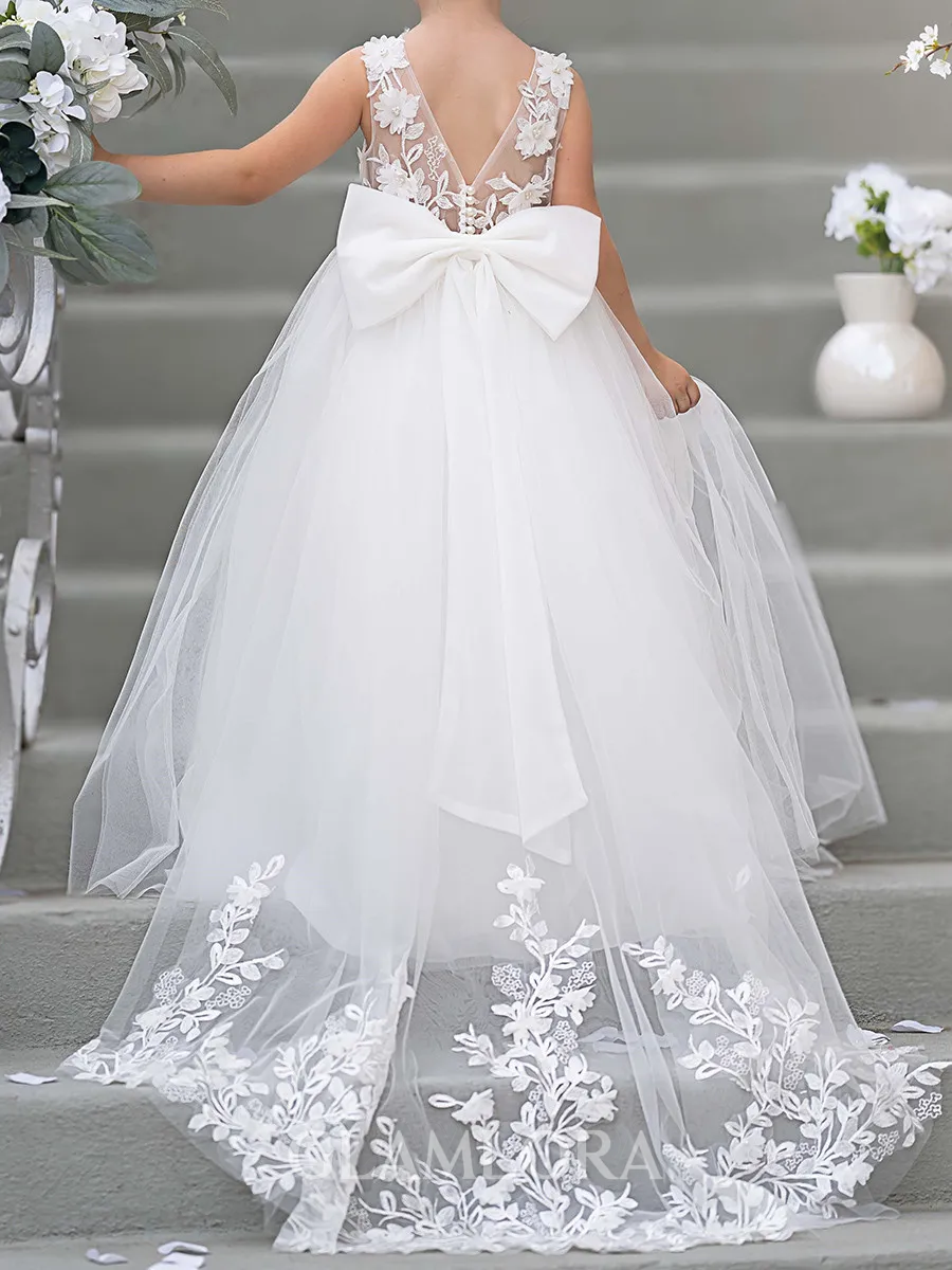 Precious A-Line Scoop Applique Sweep Train Tulle Flower Girl Dress